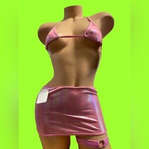 Pink Metallic Bikini Top and Skirt Set